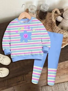 SHEIN 女婴休闲针织柔软厚圆领长袖运动衫和紧身裤套装，适合户外野餐、街头风格、家居和校园，秋冬季