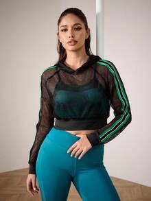 Menodora SHEIN Sport Women's Sheer Mesh Contrast Striped Tape Side Cropped Hoodie