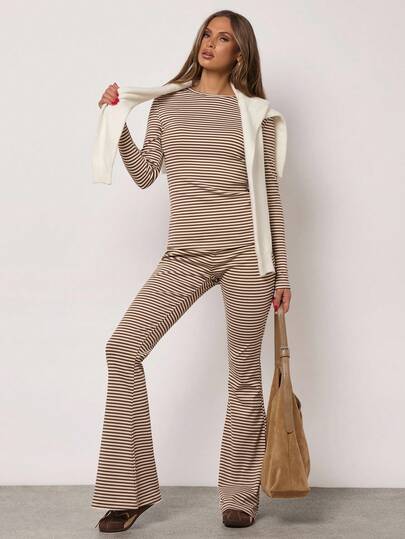 SHEIN BAE Women's Brown Casual Striped Low-Rise Flared Pants, Fall, Knitted Flared Pants, Casual Trousers, Going Out Trousers, Cottage Trousers, Home Trousers, Thanksgiving, Christmas, Comfortable Flared Pants, Winter Trousers, Low-Rise Trousers, Brown Trousers