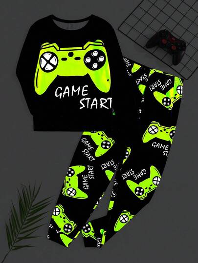 SHEIN 2pcs Kids/Tween Boys Casual Graphic Print Crew Neck Long Sleeve Pajama Set - Top And Bottoms Boys Loungewear Set Boys 2pc Set Gamer Boys Jogger Sets Glow In The Dark Pajamas Kids Sets Boy Snug Fit