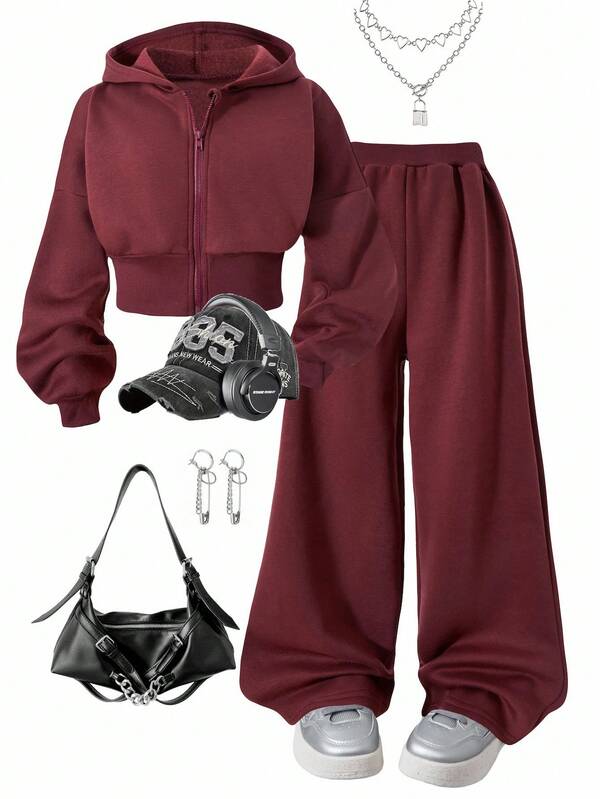 SHEIN Sparklyn 2pcs/Set Girls' Floral Gray Waist Drawstring Fleece Sweatshirt & Loose Fit Pants Casual Sports Outfit, Autumn/Winter