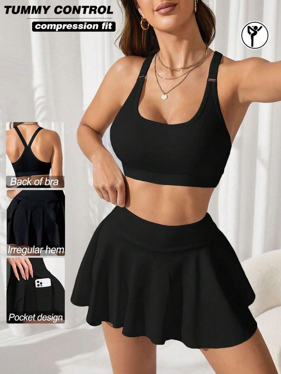 Activina Ladies' Fashionable Solid Color Sports Bra & Skirt Set,Women Tennis Outfit Workout Women Set - Black - View 1