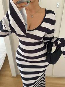 Flirla 大码女式条纹印花深V领长袖派对连衣裙 - 黑與白 - 查看 6