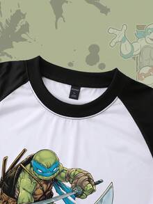 ROMWE MEN TEENAGE MUTANT NINJA TURTLES | ROMWE 男士休闲时尚街头卡通乌龟与字母图案撞色插肩袖宽松T恤，夏季 - 黑與白 - 查看 2