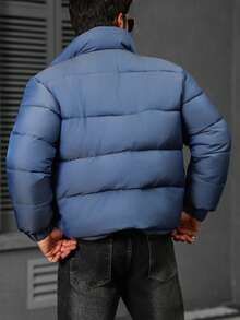 Manfinity Homme Men's Solid Color Long Sleeve Zipper Front Short Casual Padded Coat, Blue Winter Smart Casual Club Puffer Outerwear - Blue - View 2