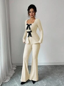 Elenzga 女士优雅云朵绒罗纹蝴蝶结领长袖收腰上衣和喇叭裤两件套 - 杏色 - 查看 4