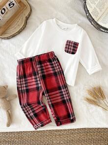 SHEIN Playful Pals Conjunto de bebé niño con top de manga larga de cuello redondo gris y pantalones a cuadros oscuros, estilo minimalista y silueta limpia, adecuado para uso al aire libre, compras y uso casual, primavera/otoño