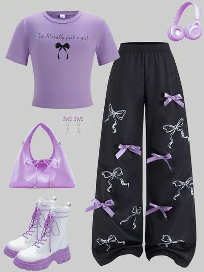 SHEIN ChillGRL Conjunto de camiseta con estampado de lazo y pantalones con decoración de lazo para niña preadolescente