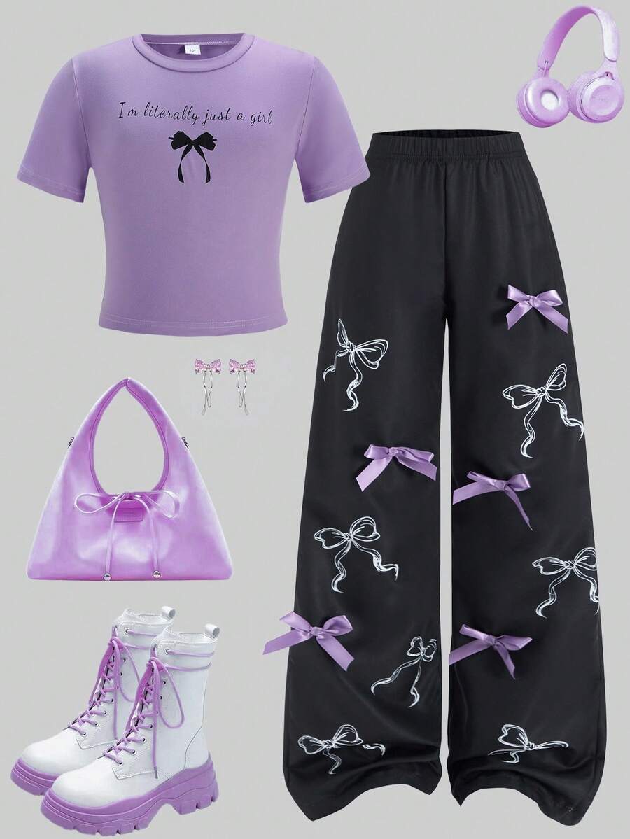 SHEIN ChillGRL Tween Girl Bow Print T-Shirt And Bow Decor Pants Set - Purple - View 1