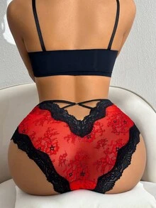 Chiloți tanga cu bretele spaghete și dantelă transparentă sexy pentru femei, culoare contrastantă, model patchwork