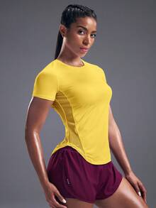 Powerista Fitness Workout Solid Color Round Neck Splice Short Sleeve Breathable T-Shirt Gym Women Shirts - Yellow - View 7