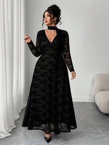 Elenzga 大码女式优雅法式性感修身V领蕾丝边长袖紧身蕾丝连衣裙 - 黑色 - 查看 8