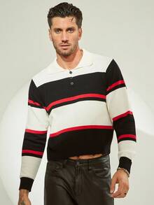 FeverCity Men's Casual Commuting Contrast Striped Pattern Polo Neck Sweater, Autumn/Winter - Black - View 1