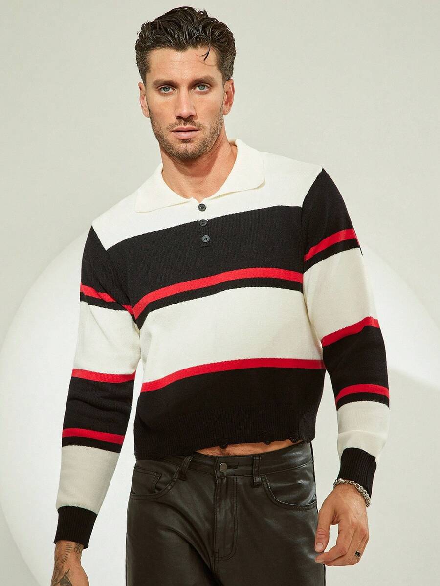FeverCity Men's Casual Commuting Contrast Striped Pattern Polo Neck Sweater, Autumn/Winter - Black - View 1