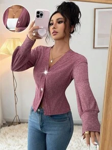 Elenzga Women's Elegant Casual Chic Burgundy Cloud Velvet Ribbed Pearl Button Cardigan, Stylish V-Neck Slim Fit Sophisticated Autumn Everyday Wear Long Sleeve T-Shirt