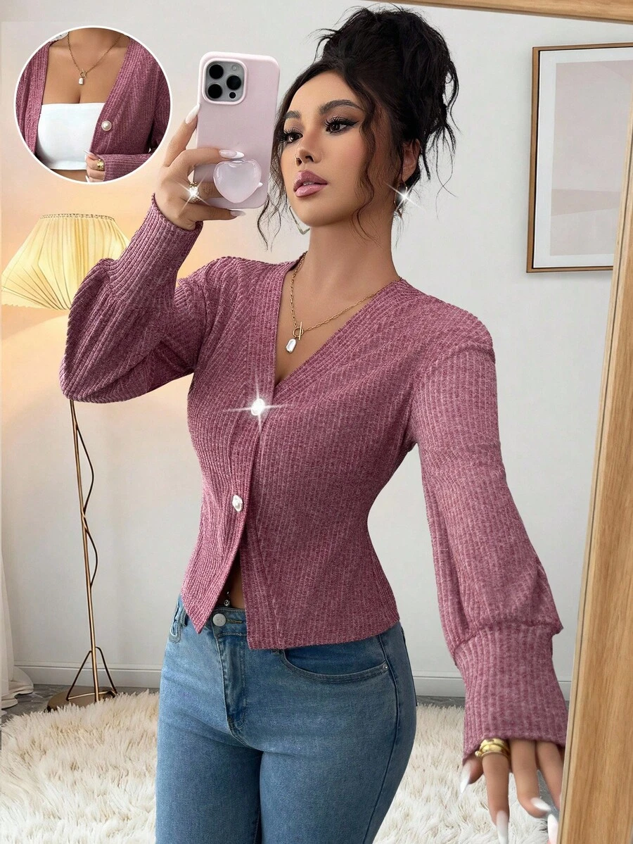 Elenzga Women's Elegant Casual Chic Burgundy Cloud Velvet Ribbed Pearl Button Cardigan, Stylish V-Neck Slim Fit Sophisticated Autumn Everyday Wear Long Sleeve T-Shirt