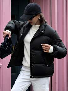 Teen Girl Casual Thickened Padded Coat,Black Winter Streetwear,Resin Zipper,Black Buttons,Simple Fabric,Oblique Pockets,Suitable For Commuting,Travel - Black - View 1