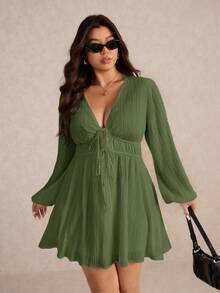 Elaquor 大码休闲通勤纯色灯笼袖连衣裙 - 軍綠色 - 查看 7