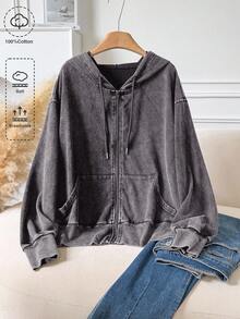 CosyJoli Áo khoác nỉ dài tay có khóa kéo dành cho nữ cỡ lớn, chất liệu vải đã qua xử lý, kiểu dáng thường ngày, màu đen, thích hợp cho mùa thu đông. - Xám - Xem 1