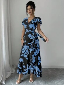 Lyxana Women's Floral Print Overlap V-Neck Flutter Sleeve Elegant Dress, Vacation - Multicolor - View 4