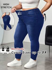 SHEIN CURVE+ 大码女式黑色弹力紧身休闲牛仔裤 - 深色水洗藍 - 查看 3