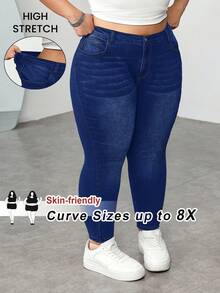 SHEIN CURVE+ 大码女式黑色弹力紧身休闲牛仔裤 - 深色水洗藍 - 查看 8
