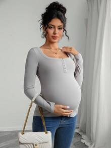 SHEIN Pregnant Women's Casual Comfortable Loose Crew Neck Long Sleeve T-Shirt - Grey - View 6