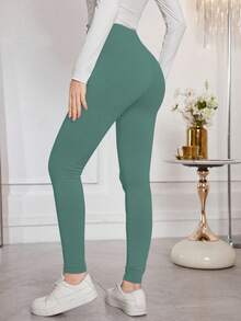 Modelyn 字母贴片抽绳腰部紧身打底裤，舒适有弹性 - 霧霾藍 - 查看 2