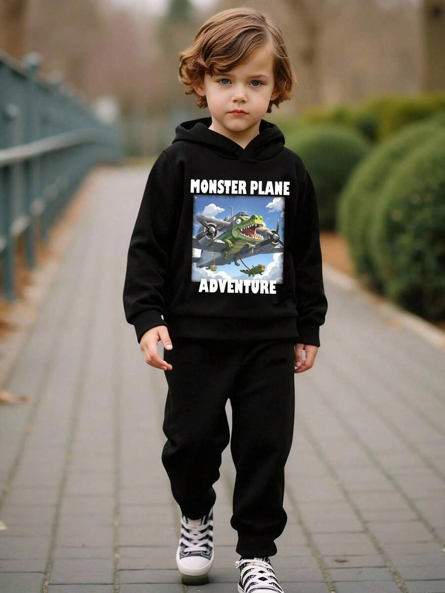 Set de 2 piezas de sudadera con capucha y pantalones con estampado de dibujos animados de monstruo, cocodrilo y avión para niño pequeño, para otoño/invierno - Negro - Ver 1