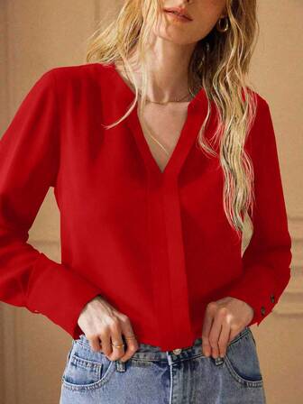Écloséra Women's Casual Everyday Commute Simple Solid Color Notch Collar Loose Shirt, Spring/Autumn, Christmas