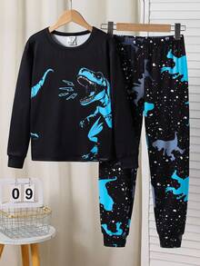 SHEIN 2 件套儿童/青少年男童休闲舒适印花圆领套头睡衣上衣和裤子针织家居服套装