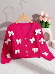 SHEIN Girls' Cute Knitted Cardigan, High-Quality Butterfly 3D Decor, Rose Red, White Bow Handmade, Soft & Comfortable, Warm For Autumn/Winter