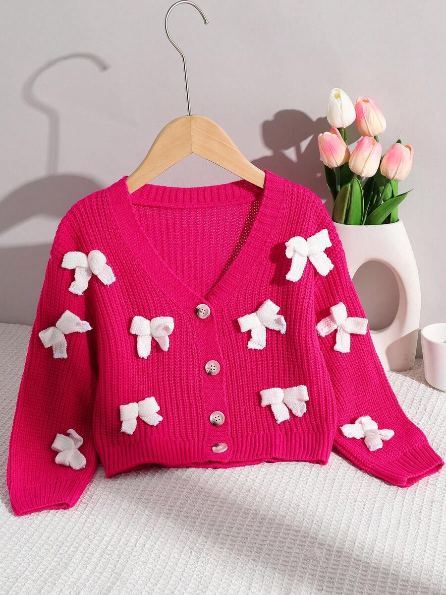 SHEIN Girls' Cute Knitted Cardigan, High-Quality Butterfly 3D Decor, Rose Red, White Bow Handmade, Soft & Comfortable, Warm For Autumn/Winter