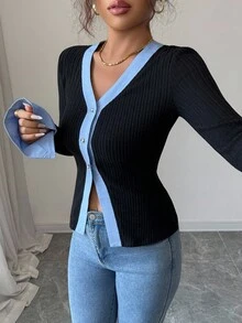 SHEIN Elenzya 女式拼色 V 领喇叭袖修身针织上衣，适合日常通勤、毕业派对、节日活动、度假、约会、秋冬 - 黑色 - 查看 3