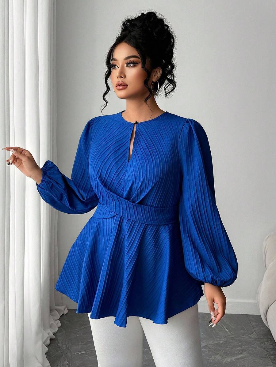 Elenzga Plus Size Elegant Cinched Waist Solid Color Cross-Wrap Long Sleeve Flared Shirt - Blue - View 1