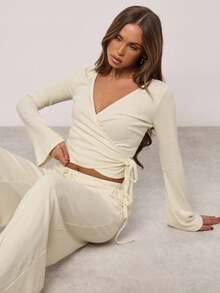 SHEIN BAE Women's Yellow Solid Color Simple Cashmere Knitted Open Placket Wrap Asymmetrical Strap Long-Sleeved Top, Autumn Top, Go Out, Home Leisure, Casual Top For Women,Casual Outfit For Women, Thanksgiving Outfit For Women,Christmas Clothes,Autumn Outfits For Women,