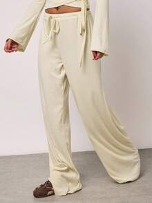 SHEIN BAE Lässige, lockere und weit geschnittene Hose aus Kaschmirstrick für Damen mit Kordelzug in der Taille, einfarbig in Gelb, vielseitig einsetzbar, geeignet für den täglichen Weg zur Arbeit, die Freizeit zu Hause, zum Ausgehen, die tägliche Freizeit und die Winterhose mit weitem Bein