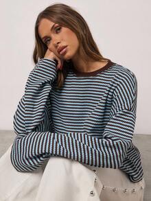 SHEIN BAE Casual Everyday Contrast Stripe Loose Fit Drop Shoulder T-Shirt Striped Top Striped Oversized Striped Top Stripe Long Sleeve Striped Striped Striped Long Sleeve Top,Fall Tops, Spring/Autumn,Going Out Tops, Simple Tops, Fashion Tops,,T Shirts Women,Oversized T Shirt,Old Money Style Women