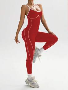Dewbera 女式撞色交叉露背运动连体裤 - 紅色 - 查看 4