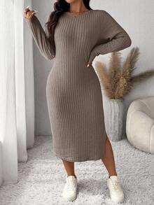 SHEIN Frenchy Plus Size Women's Casual Everyday Commute Simple Solid Color Ribbed Slit Hem Fitted Dress, Spring/Autumn Ribbed Dress Long Sleeve Long Dress - Coffee Brown - View 4
