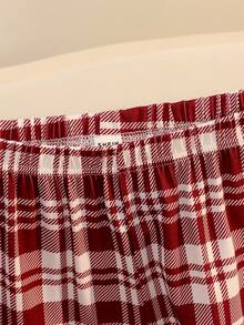 青少年女孩两件套睡衣套装，红色格子蝴蝶结印花牛奶丝灰色圆领长袖上衣和宽松舒适的全格子裤，圣诞红色格子服装 1 套 - 灰色 - 查看 3