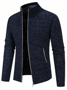 Calmiston Suéter de punto acanalado con bloques de color, estilo blogger para hombres, de manga larga y tipo cardigan, casual y versátil, para otoño/invierno - Azul Marino - Ver 5