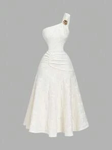 SHEIN MOD 金属花朵装饰不对称下摆提花针织中长连衣裙 白色优雅连衣裙 白色复古连衣裙 白色晚礼服 白色教堂礼服，女士冬季连衣裙，派对连衣裙，连衣裙，优雅派对连衣裙，女士婚礼宾客连衣裙 彩排晚宴连衣裙 白色单肩连衣裙 纹理白色连衣裙 - 杏色 - 查看 2