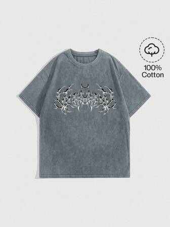 Grunge Punk Dark Spider Skeleton Slogan Plus Size Graphic Print Washed Loose T-Shirt, Greyish Blue, Plus Size