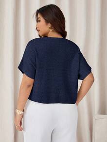 Auralis Plus Size Solid Color Short Sleeve Sweater, Suitable For Commuting Autumn Winter Clothes For Women - Navy Blue - View 2