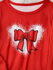 2 件套女童幼儿格子蝴蝶结心形休闲舒适长袖上衣和裤子睡衣套装 - 紅色 - 查看 7