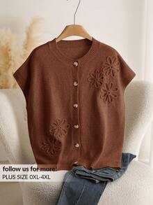 CosyJoli Plus Size Casual Handmade 3D Flower Batwing Sleeve Cardigan Brown - Brown - View 1