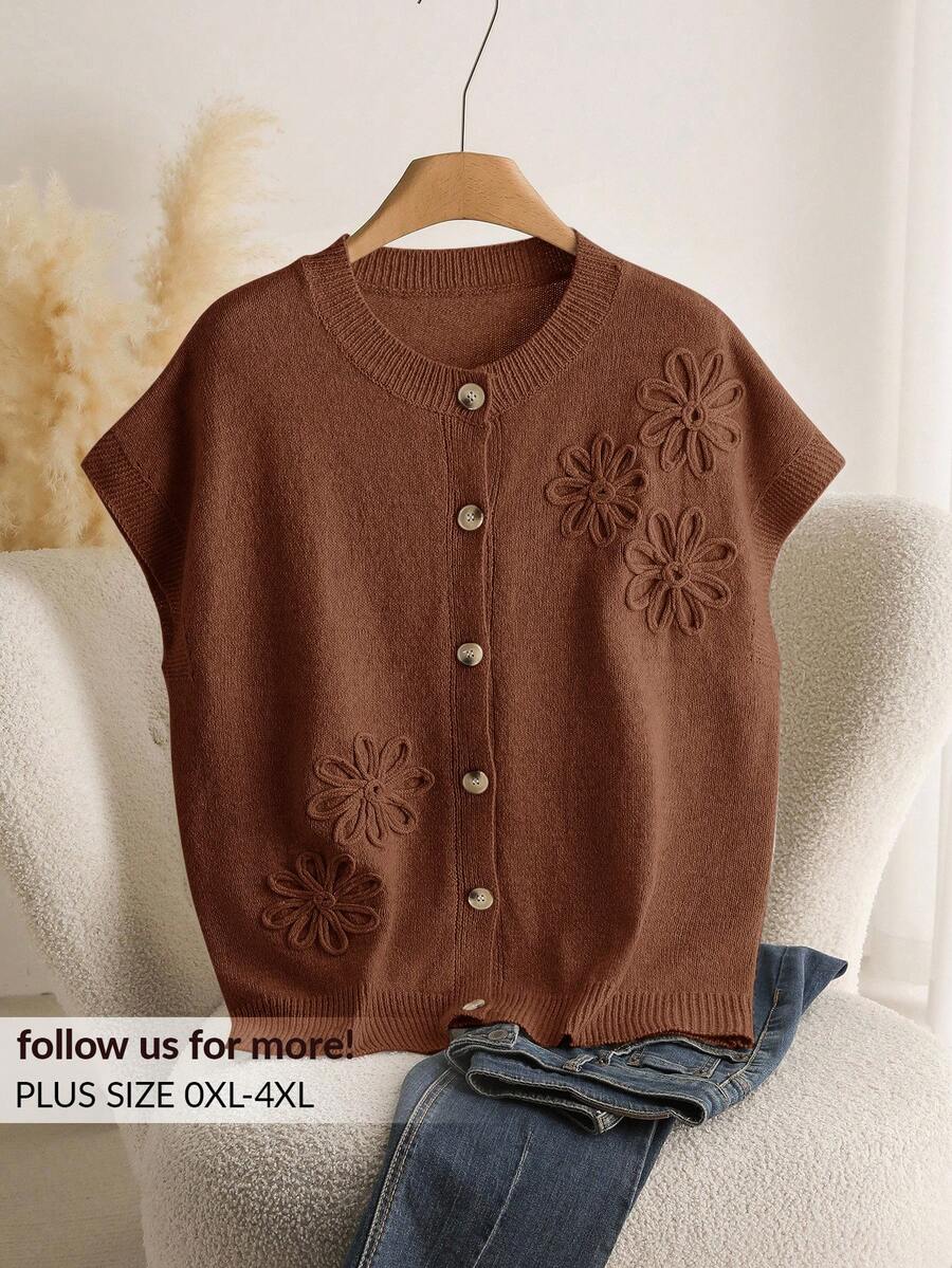 CosyJoli Plus Size Casual Handmade 3D Flower Batwing Sleeve Cardigan Brown - Brown - View 1
