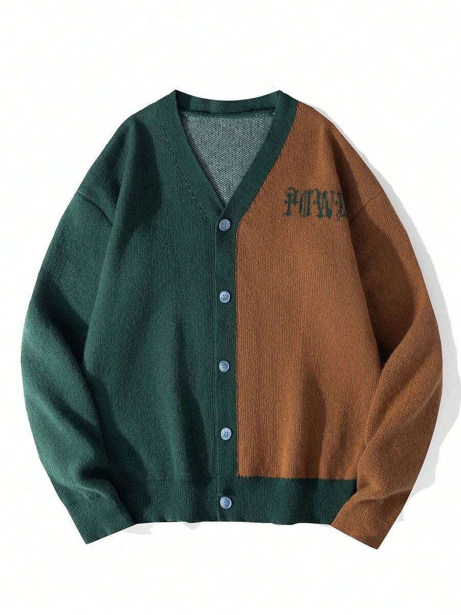 Manfinity CasualKnits Men's Casual Commuting College Style Patchwork Letter Pattern Button-Up Cardigan, Autumn/Winter - Multicolor - View 1