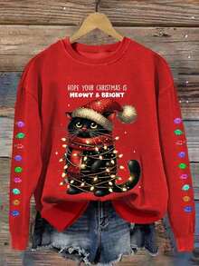 EMERY ROSE 圣诞搞笑猫咪印花圆领女式卫衣 - 紅色 - 查看 1